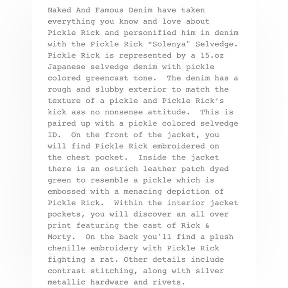 NWT Naked and Famous Pickle Rick “Solenya” Denim Jacket/Classic Fit Size Small - Picture 9 of 10